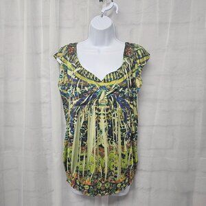 One World Blouse Green Boho Embroidered Sequin Festival Hippie M